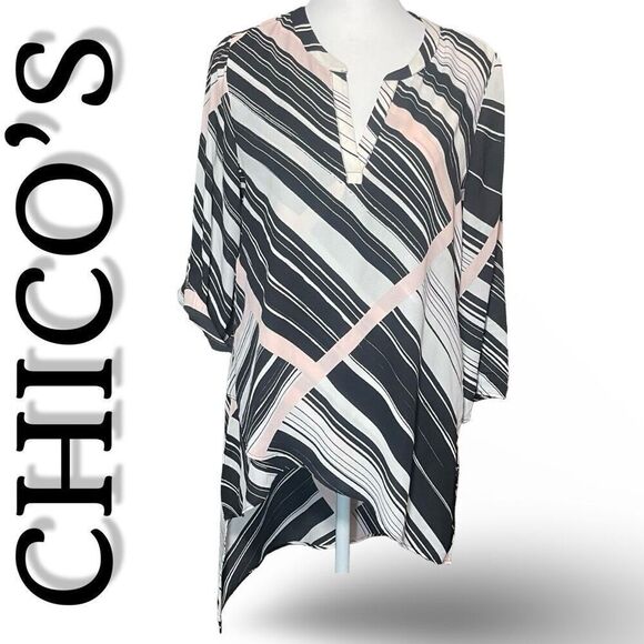 CHICO’S Asymmetrical Tunic, Cuff-No Cuff Sleeves, Abstract Print, Size 0 - Picture 1 of 10